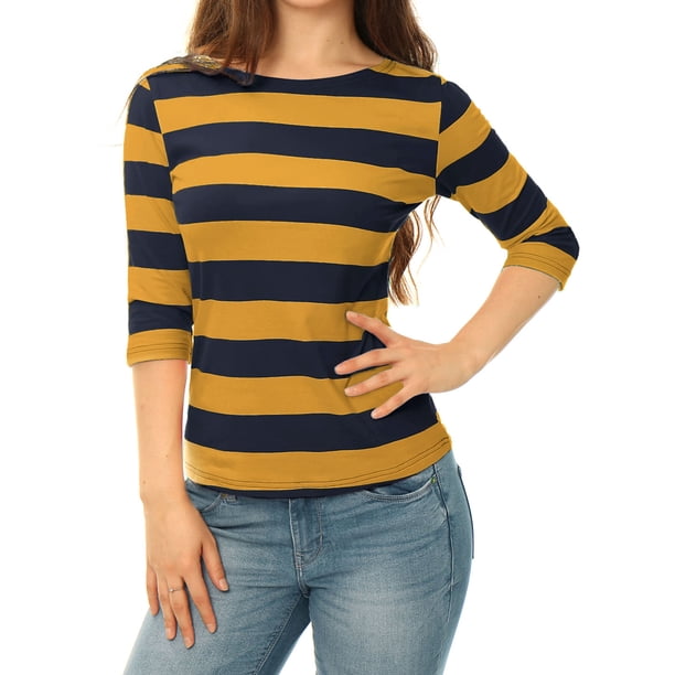 INSPIRE CHIC Camisetas a Rayas de Regreso a Clases para Mujer Ajuste Ceñido Mangas al Codo Cuello de Barco Talla M Mostaza Azul Marino