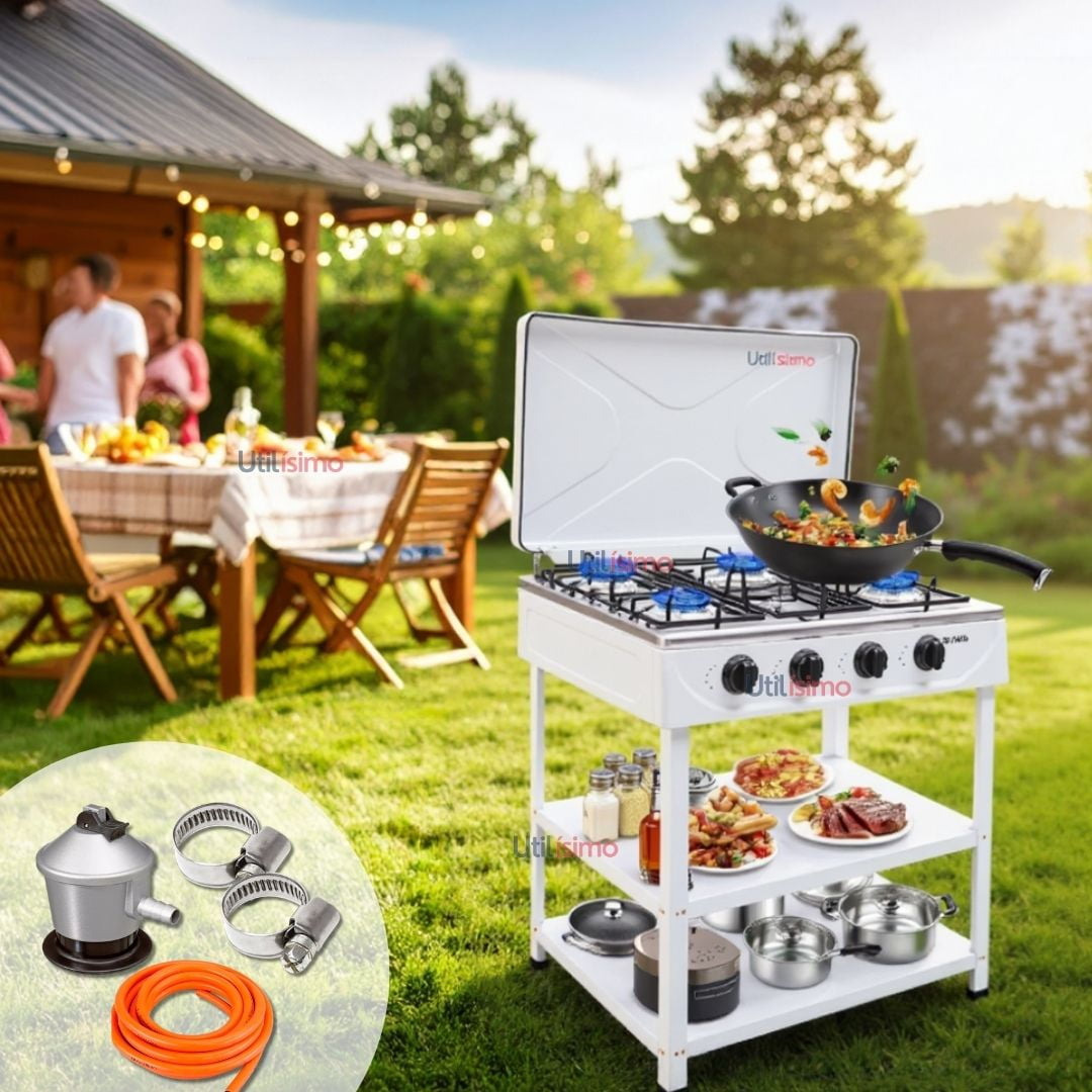 Line - Cocina Encimera A Gas Licuado 5 Platos Con Mesa + Kit De Instalación Cocinilla Blanco