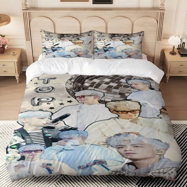 3pcs BB Group T.O.P Silver-White Disco Collage Themed Digital Print Bedding Set Includes Duvet Cover And Two Pillowcases