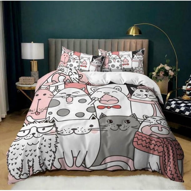 Cat Kitten Cute Quilt Duvet Cover Set Kids Doona Cover Pillowcase Super 3-Piece Bedding Set