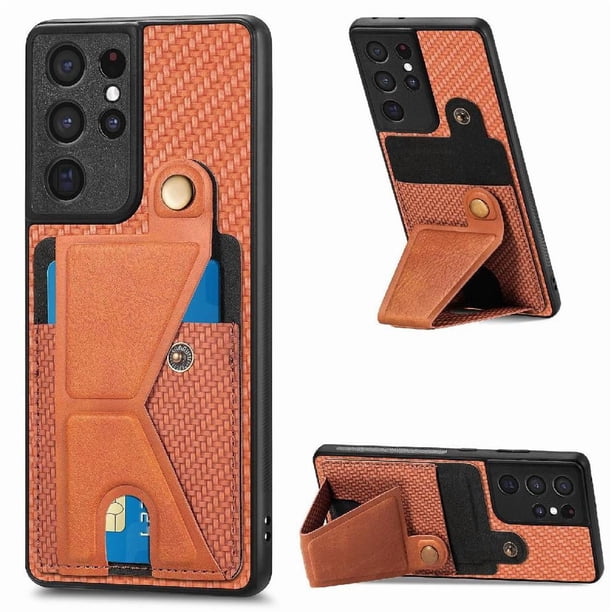 Funda Resistente para Samsung Galaxy S21 Ultra con Tarjetero y Soporte, Diseño Magnético Marrón