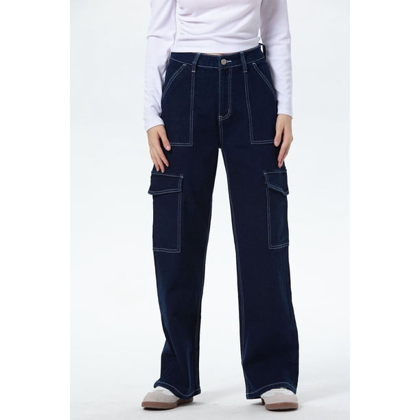 Jeans Mujer Cargo Calce Recto Azul Oscuro - ll