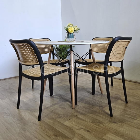 Comedor Mesa blanca 100cms + 4 Sillas Delta Negro