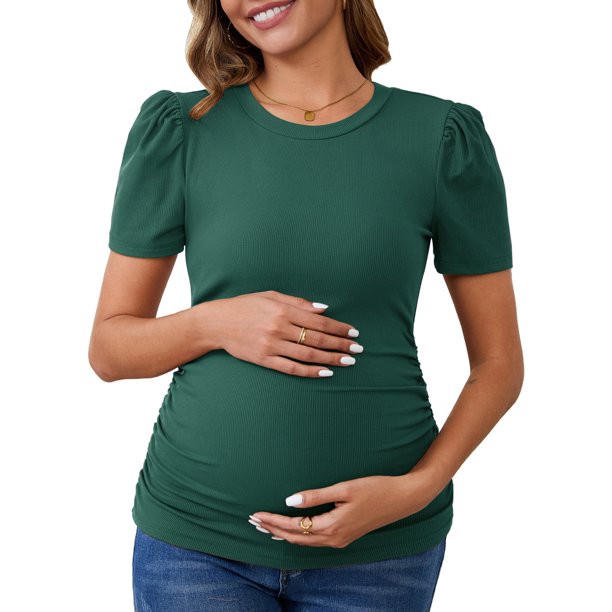 INSPIRE CHIC Blusa de Maternidad para Mujer de Punto Acanalado con Mangas Cortas Abullonadas Camiseta Fruncida para Sesión de Fotos de Ducha Pequeña Verde