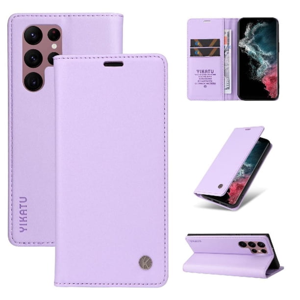 Funda Billetera de Cuero para Samsung Galaxy S22 Ultra con Tarjetero y Soporte - Tapa Magnética Morado