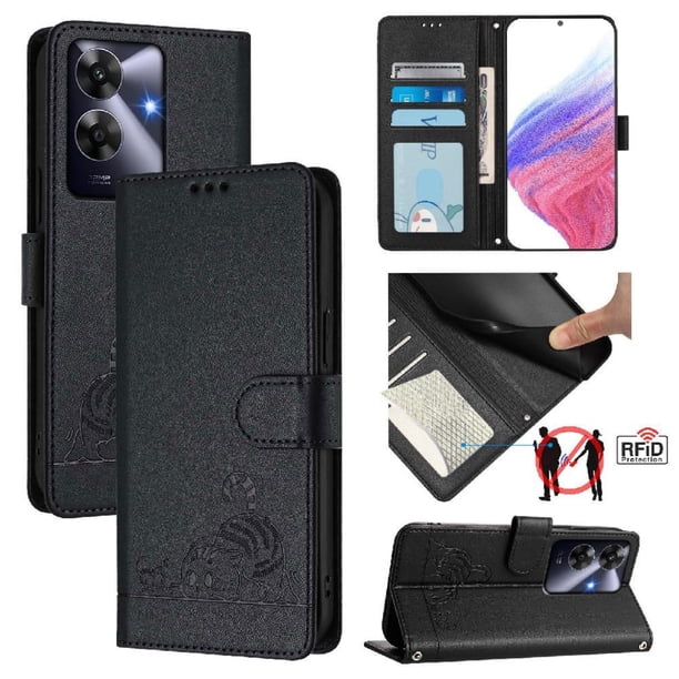 Funda tipo cartera FOXDOCK para Realme note 60 4G con soporte, ranuras, RFID, diseño de gato