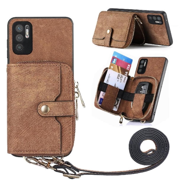 Funda Tipo Cartera con Correa Cruzada para Xaiomi Poco M3 Pro Protección Contra Golpes Marrón