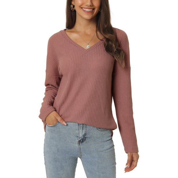 INSPIRE CHIC Suéter Ligero Casual Suelto de Manga Larga con Cuello en V de Punto de Waffle para Mujer M Rojo Ladrillo