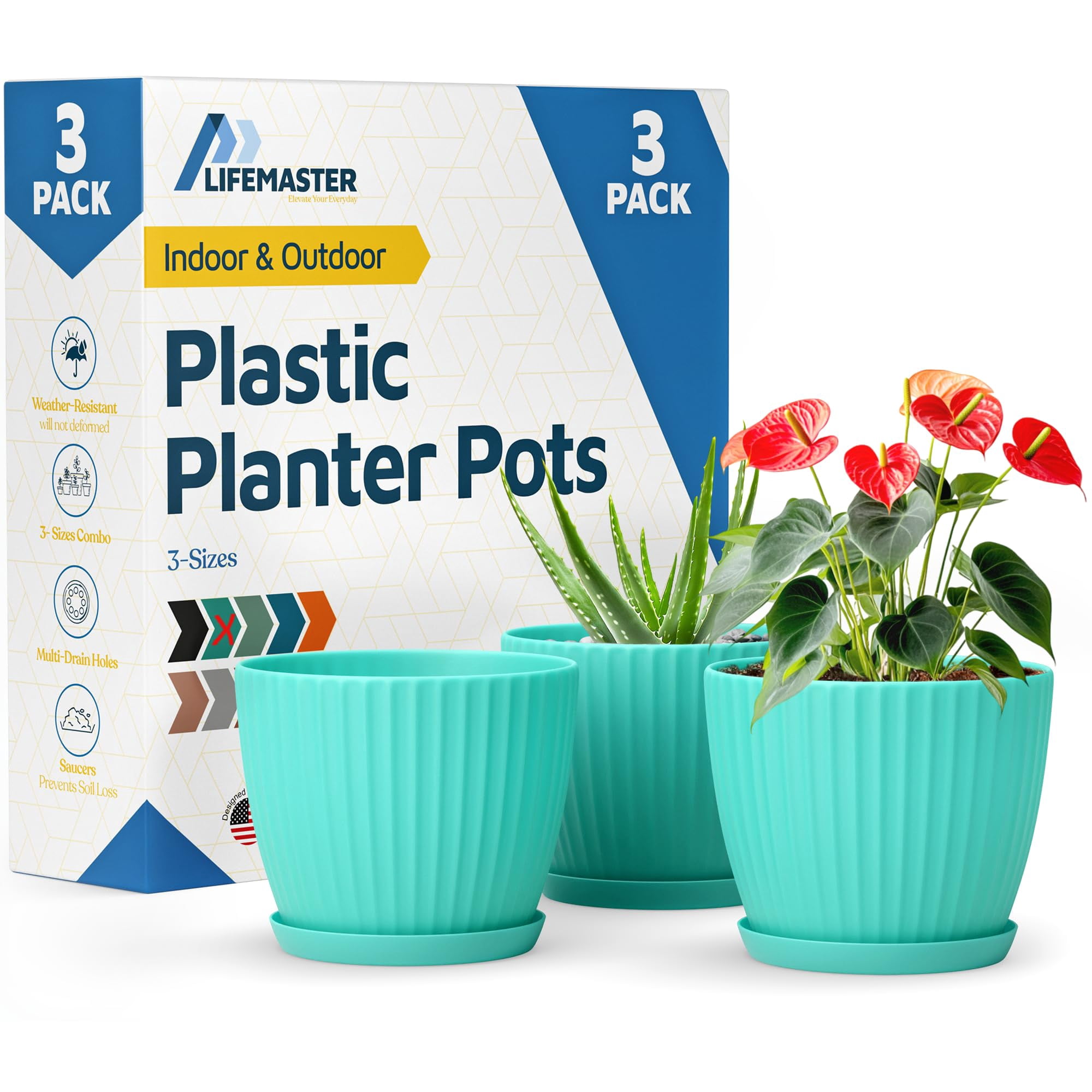 Macetas Lifemaster Aqua De 15 Cm Con Drenaje, Pack De 3