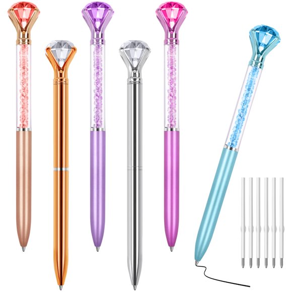 Joyberg Pack de 6 bolígrafos de bola con diamante y cristal, tinta negra, 16 cm