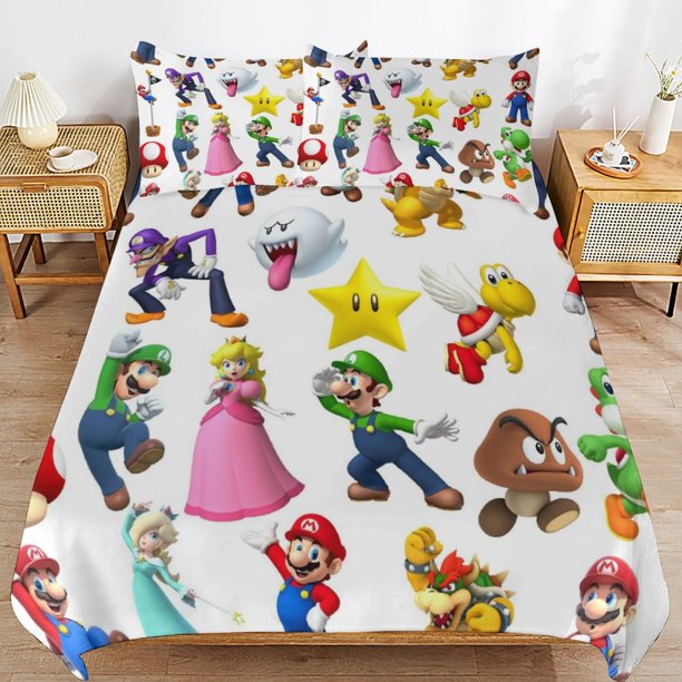 Super Mario 3-Piece Comforter Set for Bedroom Super Mario Bedding Set for Kids Adults Soft Microfiber Duvet Cover Set with Zipper Closure