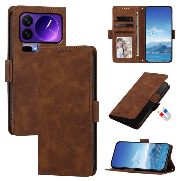 Funda Billetera Delgada para Xiaomi 17 Pro con Ranuras y Soporte Marrón