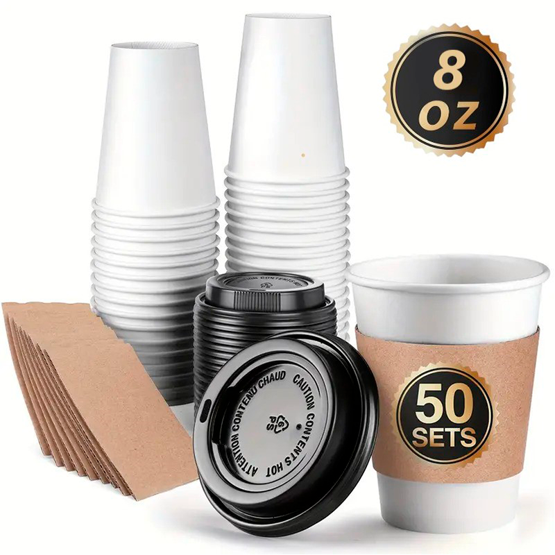 Wakeshome - Vaso Cafe Kraft Vasos Polipapel Con Tapa Manga 8Oz 50Und