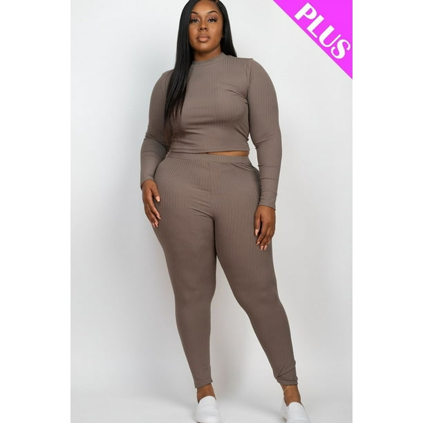 Saronite Conjunto de 2 Piezas de Top y Leggings de Manga Larga con Cuello Alto y Punto Acanalado Básico, Color Topo (Talla Grande para Mujer)