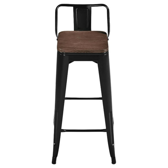 Taburete Tolix Negro Alto con Respaldo para bar o terraza - Asiento de Madera Oscura Walnut