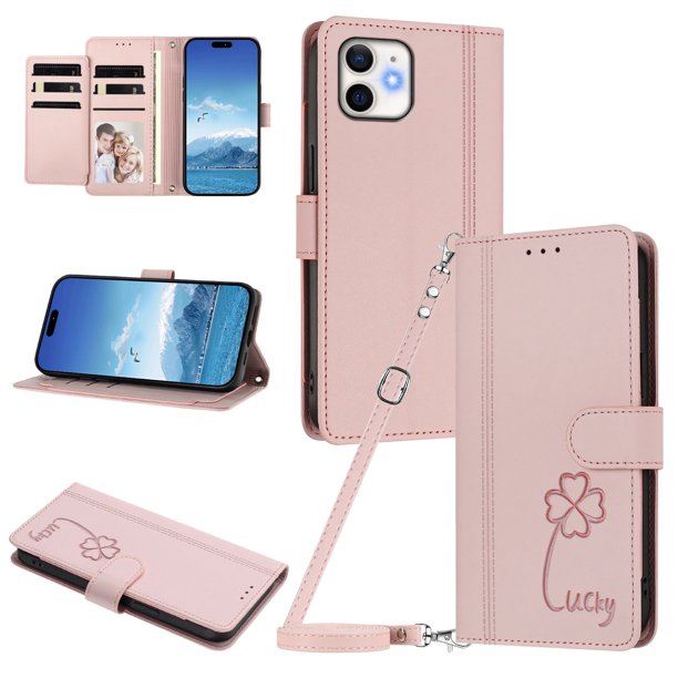 Funda Cartera Trébol para iPhone 12/12 Pro con Ranuras Tarjetas y Carga Inalámbrica Rosa