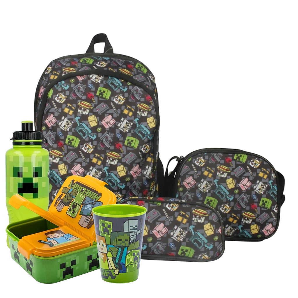 Pack Mochila Escolar Minecraft + Porta Sandwich + Botella + Vaso