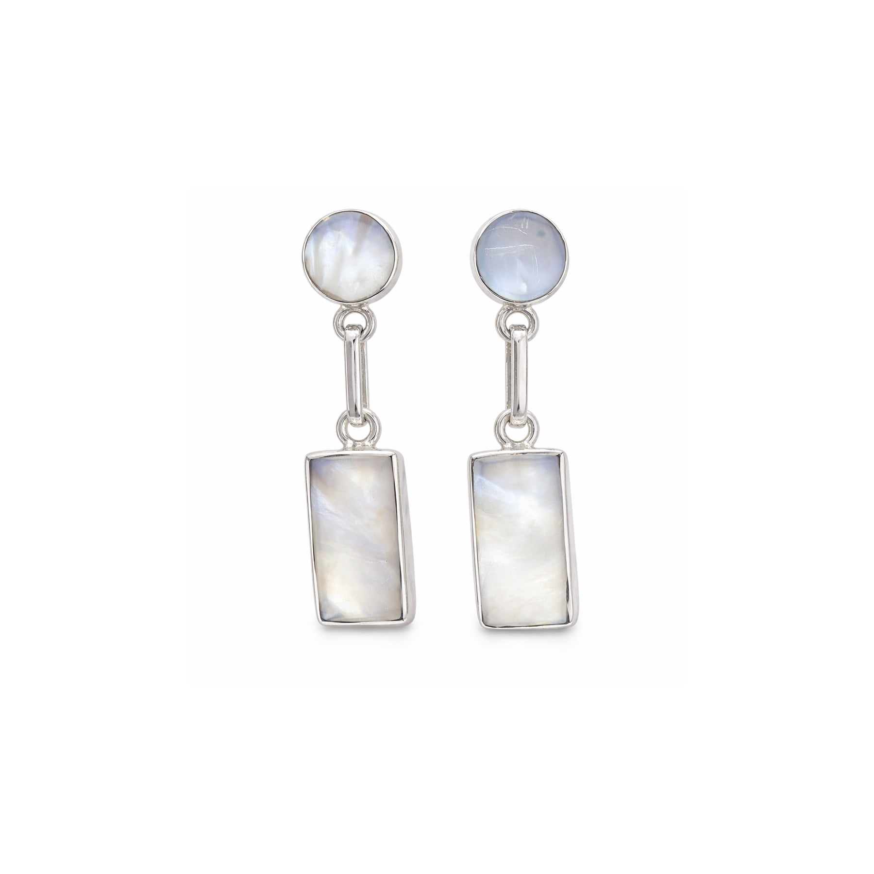 Jireh Joyas - Aros Nácar Rectangular Plata 950 Tornillo Mariposa Colgantes Mujer Elegantes Piedra Blanca.