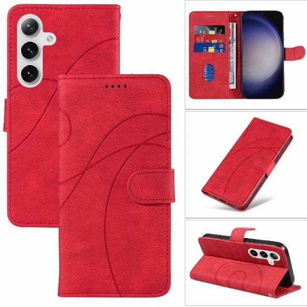 Funda tipo cartera con tapa para Samsung Galaxy S25 Plus con tarjetero, soporte y cubierta magnética Rojo