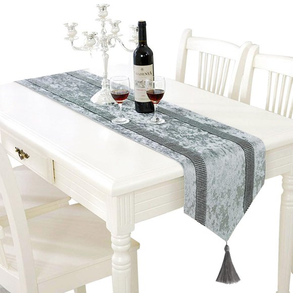 Caminero de Mesa Jiino 33 × 250 cm Gris con Lentejuelas y Terciopelo