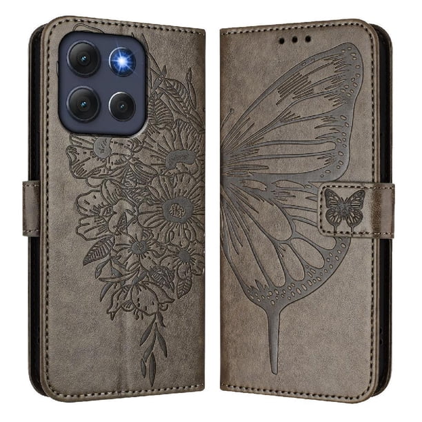 Funda cartera mariposa para Motorola Moto G86 con soporte y ranuras para tarjetas Gris