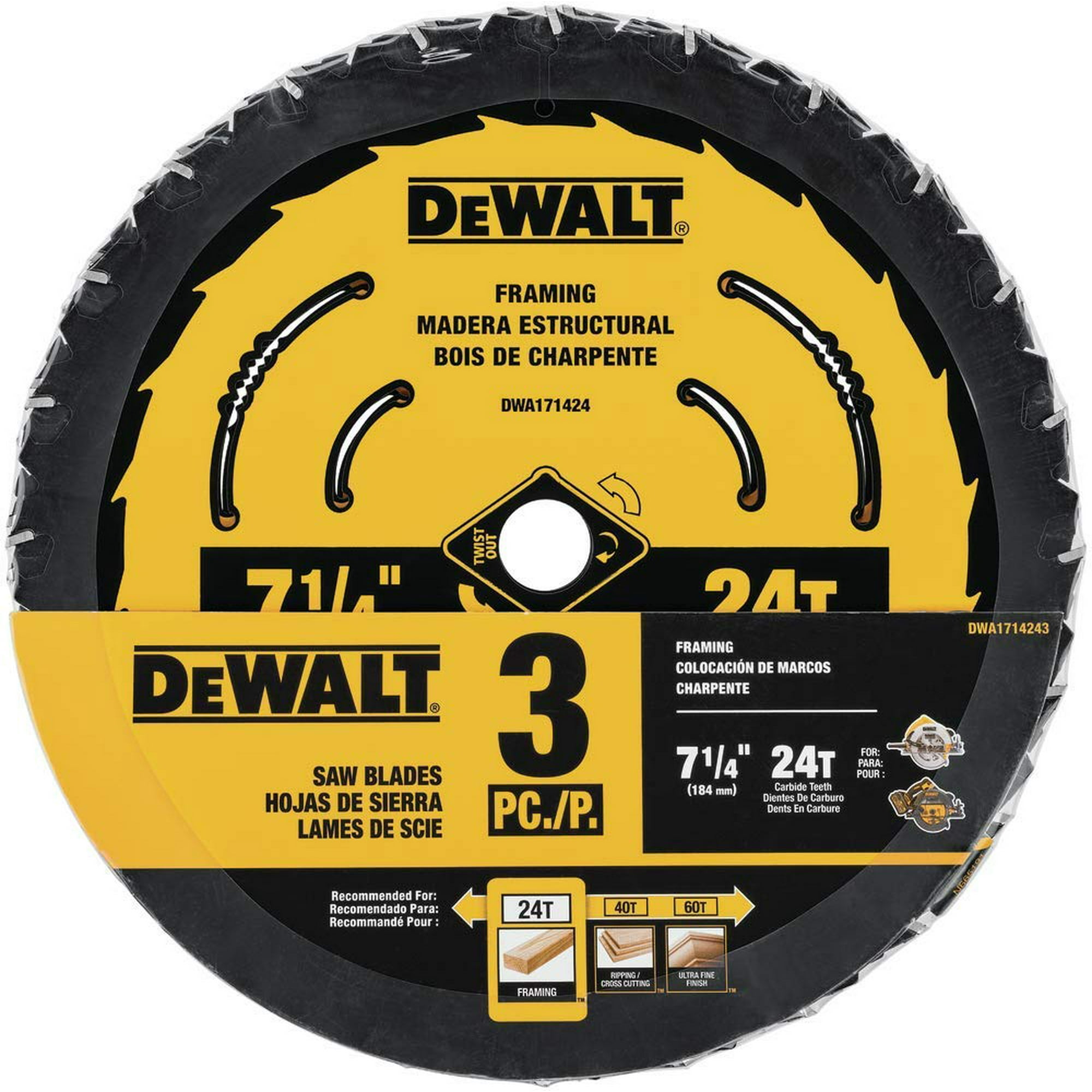 Hoja De Sierra Circular Dewalt Dwa1714243 Para Cortar Madera 24t, Paquete De 3