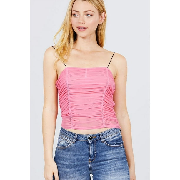 Top Camisola de Malla con Tirantes Elásticos, Cuello en V y Detalle Fruncido