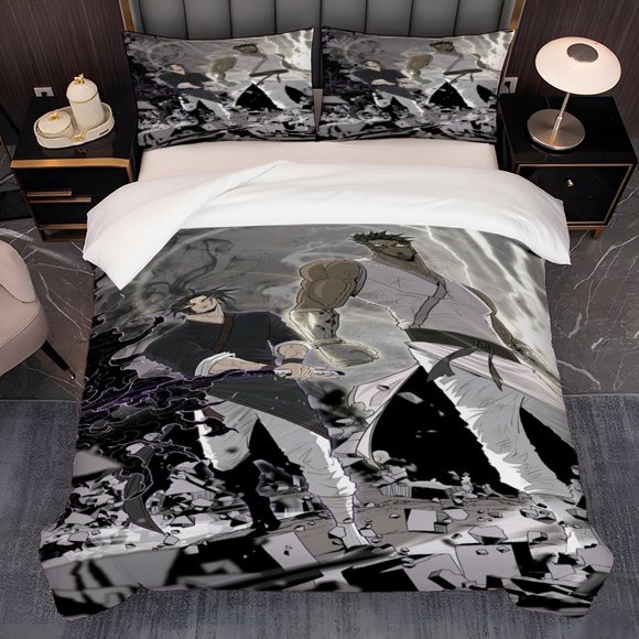 3pcs Black and White Duel Intense Battle North Sword Jianghu Theme K-Style Printed Bedding Set Duvet Cover and Pillowcase Set