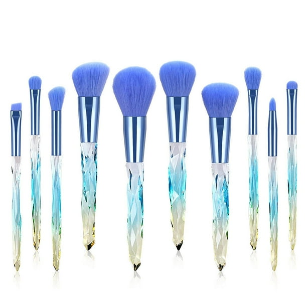Juego de 10 brochas de maquillaje con mango transparente de cristal, brocha para base, corrector y sombra de ojos.