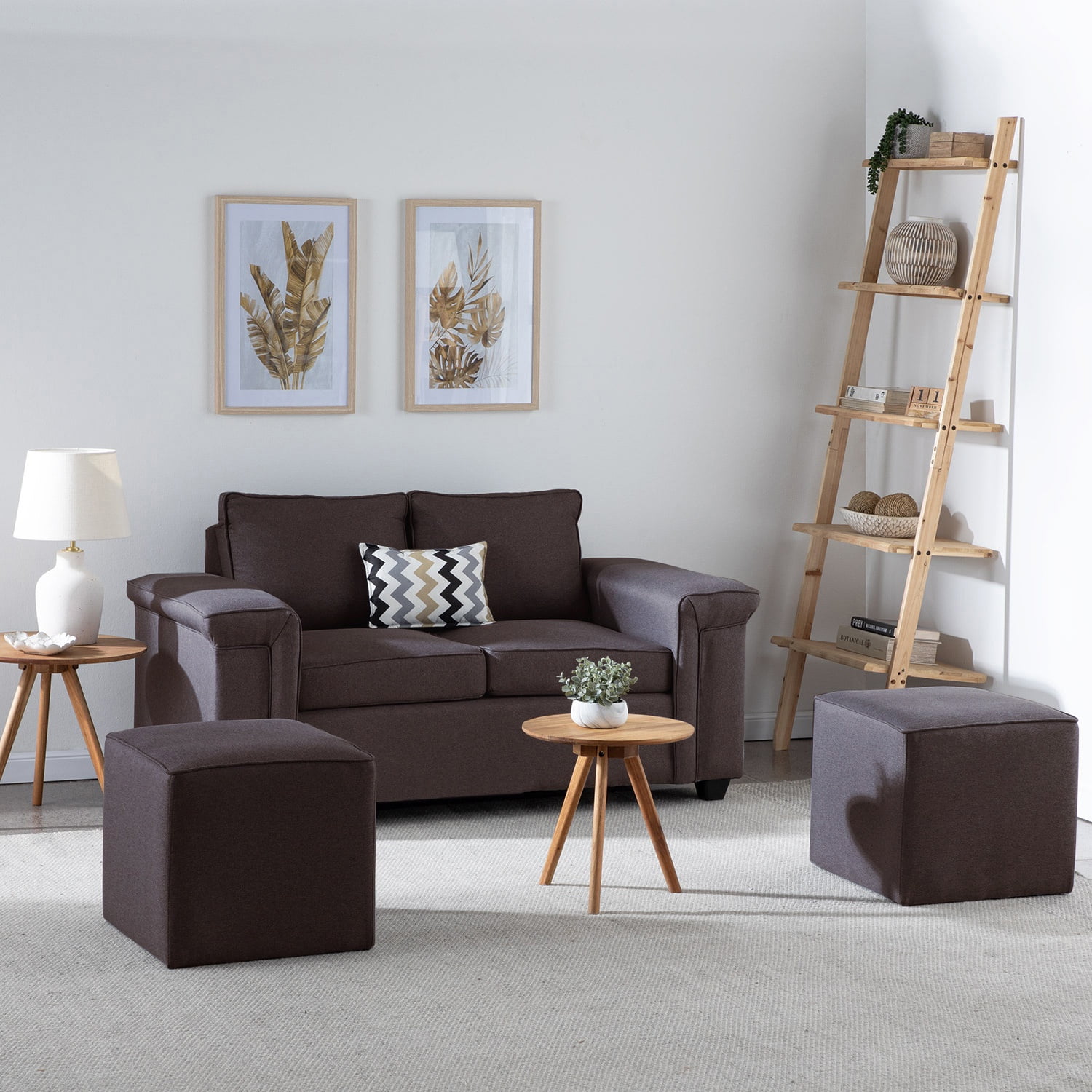 Muebles Cottoni - Sofá 2 Cuerpos + 2 Pouf Sicilia Tela Chocolate