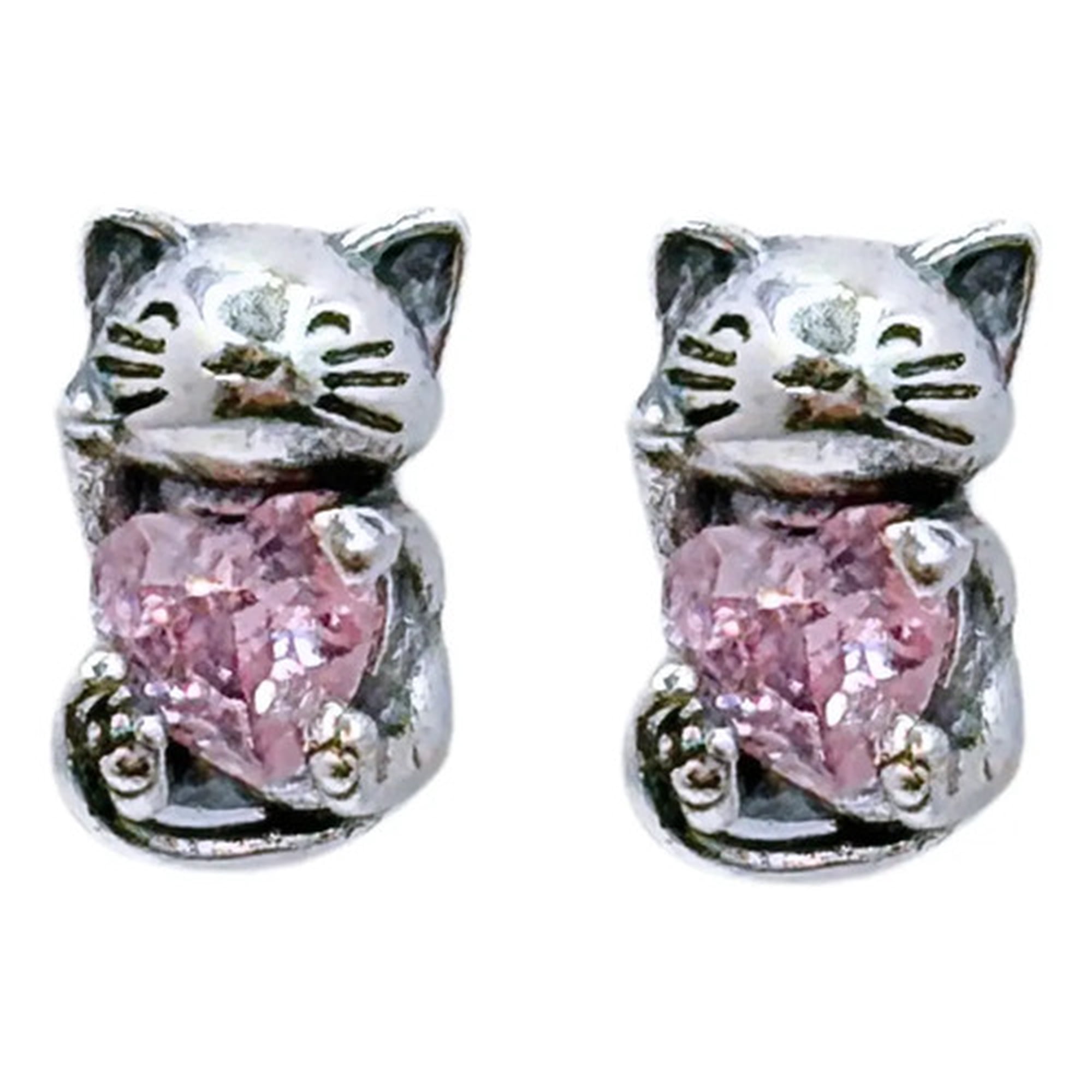 Marca - Aros Gatito Con Corazón, Circonitas Plata 925, Regalo Niña Plateado