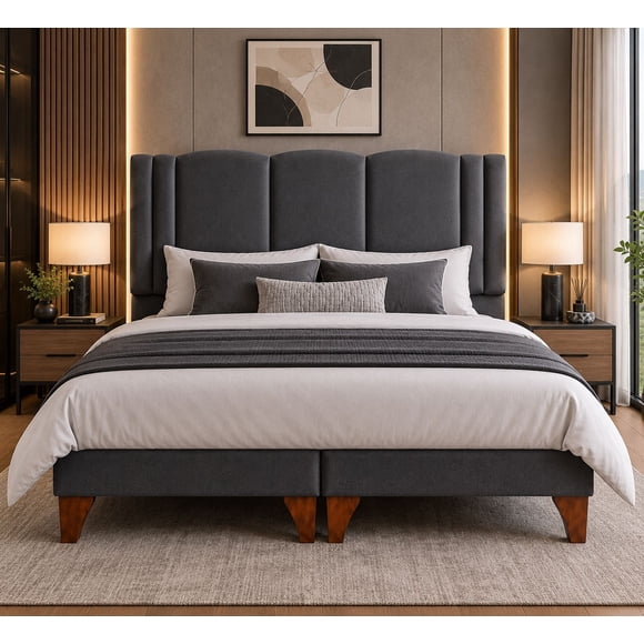 Cama King Size Milano + Respaldo King Size Milano + Colchon Mery Desing Gris Oscuro