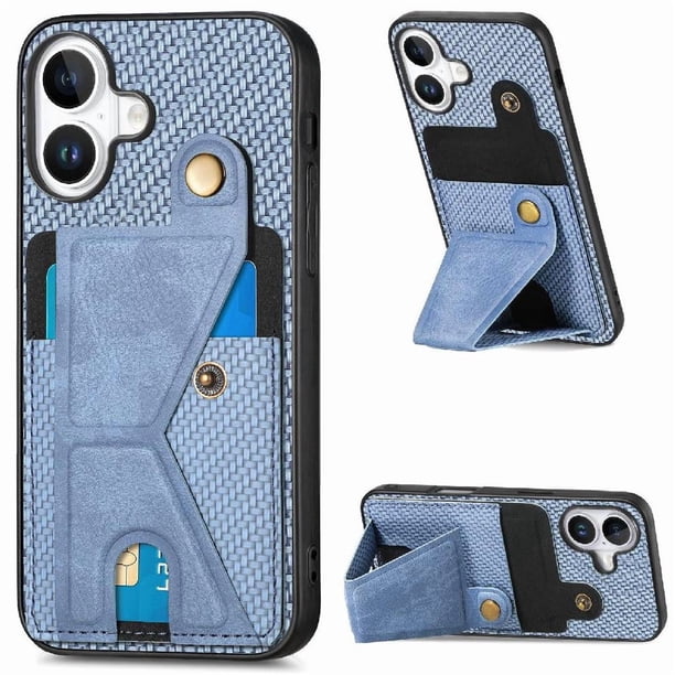 Funda Resistente para iPhone 16 con Tarjetero y Soporte, Diseño Magnético Azul