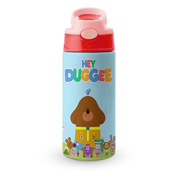 Hey DuggeeBotella de Agua con Tapa Pop Top de Un Toque, Acero Inoxidable, a Prueba de Fugas, para Deportes, Botella Infantil rosa 12 oz