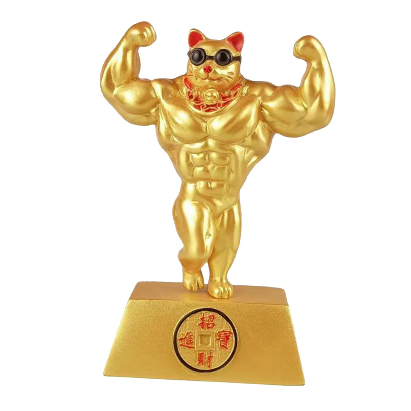 Bothyi - Estatuilla De Gato De La Suerte Chino Dorado Decoración De Brazo De Músculo De Mano 6,3 ""Resina Para El Hogar