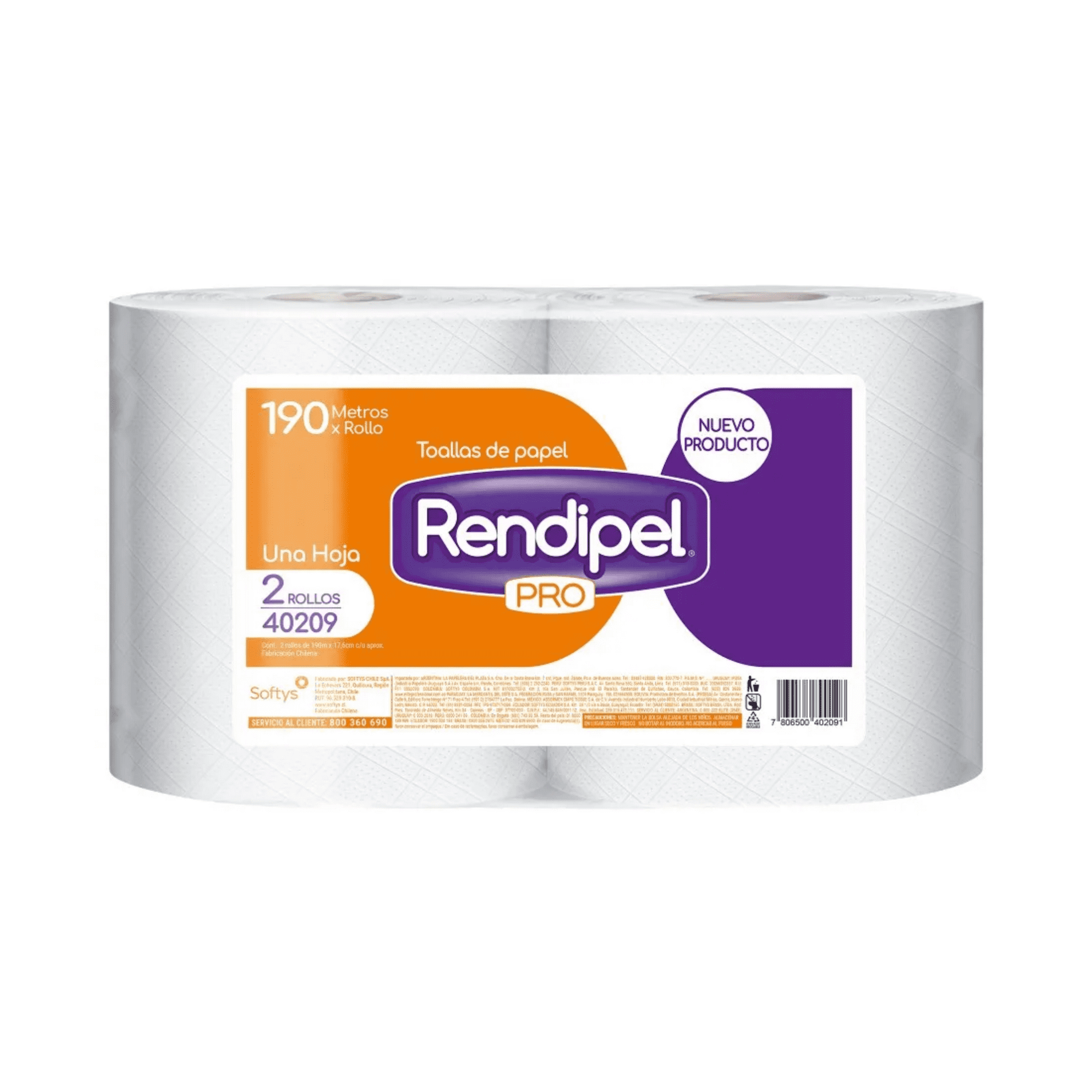 Toalla De Papel Rendipel Pro Una Hoja 190 Mts C/u 2 Unidades