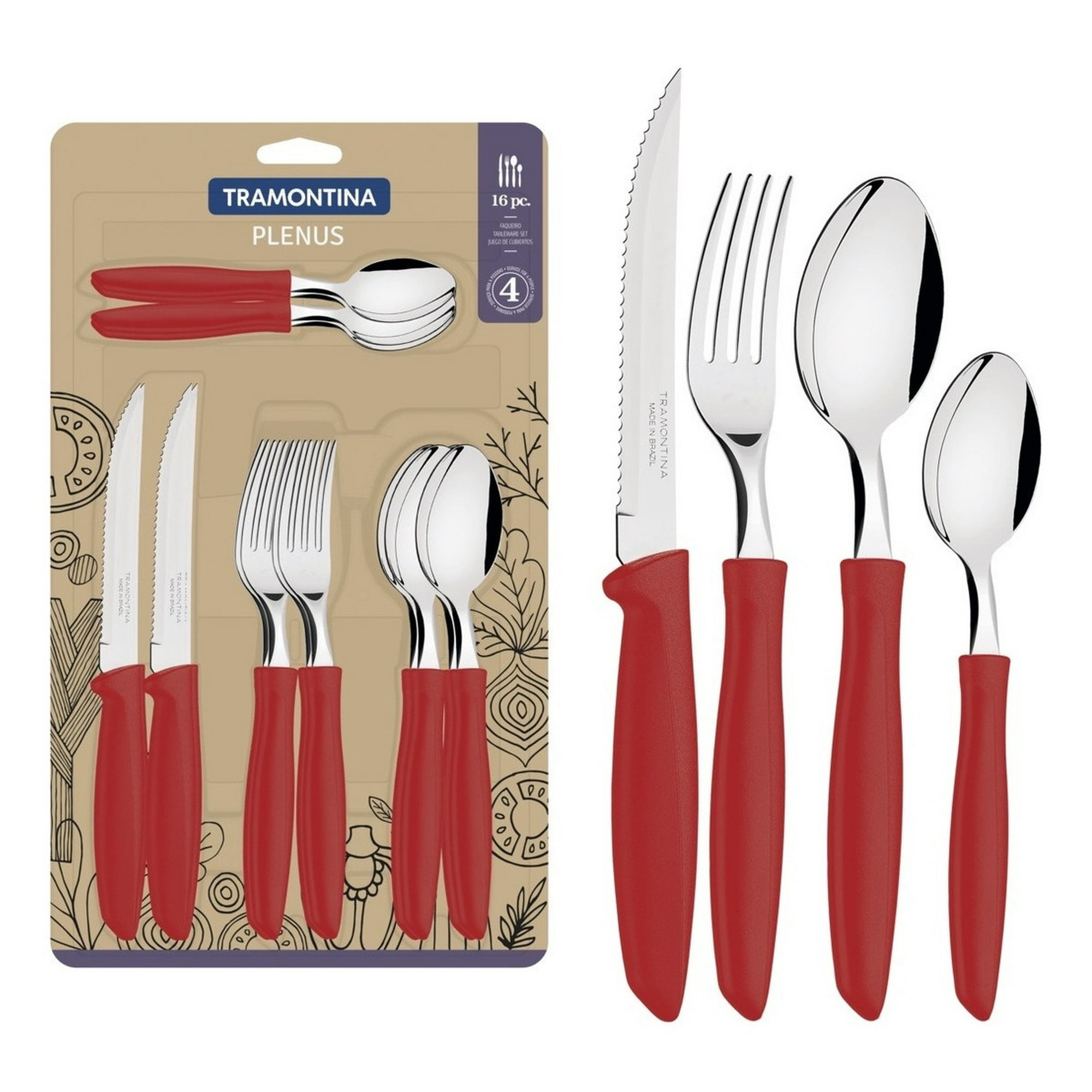 Tramontina - Juego Cubiertos 16 Piezas Rojo Acero Inoxidable