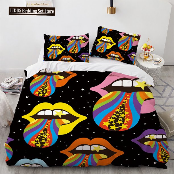 v1127 Bed Sheets Red Lips Duvet Cover Set Sexy Theme Romantic Style For Girls Women Couple Bedding Set King Queen Size With Pillowcase 3-Piece Bedding Set (1 Duvet Cover + 2 Pillow Shams) Bed Sheets j