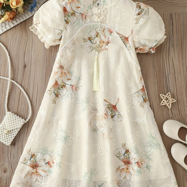 Toddler Girls Puff Sleeve Frill Trim Fan Embroidery Tassel Chinese Style Cheongsam Dress For Party Kids Summer Clothes