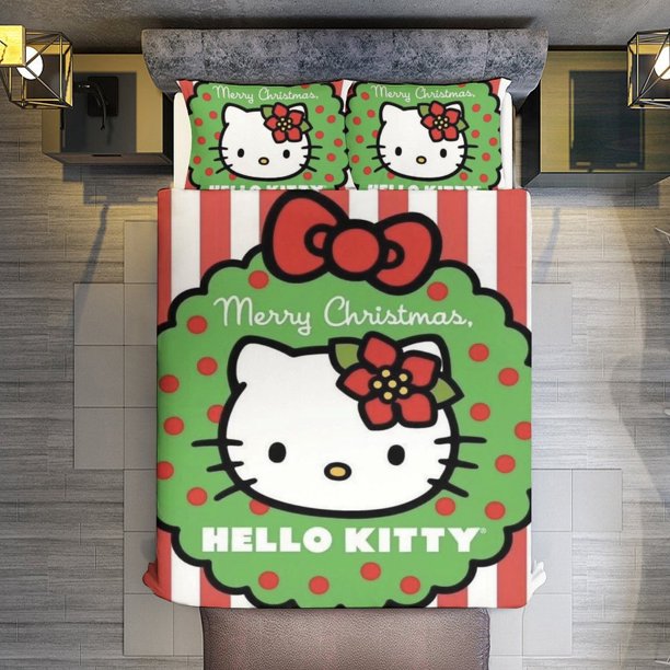 Hello Kitty Christmas Wreath1 3 Pieces Duvet Cover Set Full Size Super Soft Fade Resistant Microfiber
