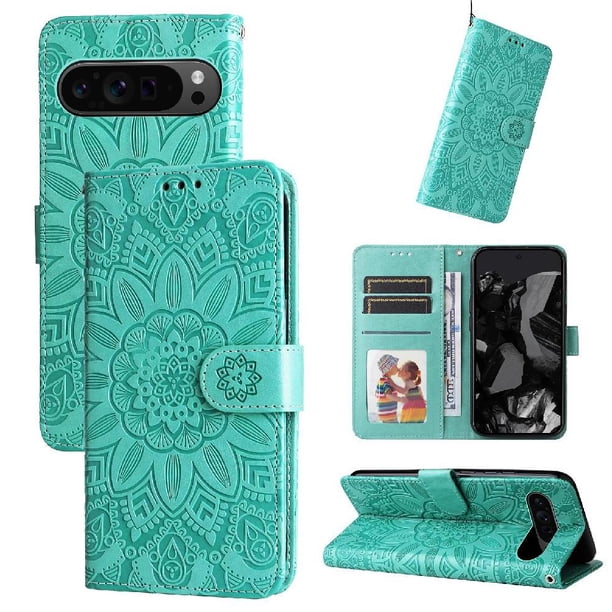 Funda tipo cartera FOXDOCK para Google Pixel 9 Pro XL , diseño girasol en relieve, cuero PU, cierre magnético, soporte y tarjetero