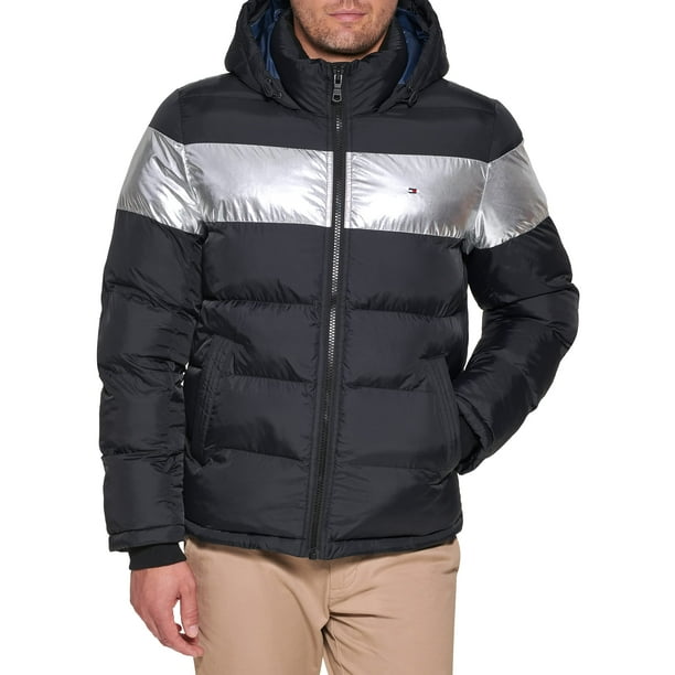 Chaqueta acolchada Tommy Hilfiger para hombre, negra y plateada, con rayas XXL