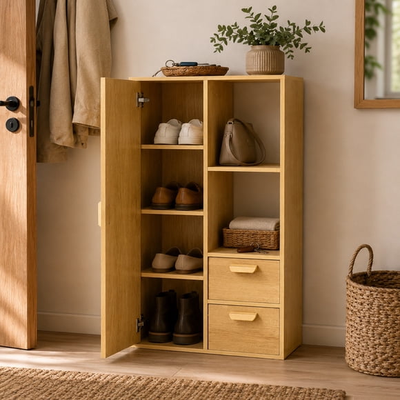 Mueble Organizador Con Puerta y 2 Cajones Estilo Nórdico 50x24x105cm Madera Diseño Funcional Almacenamiento