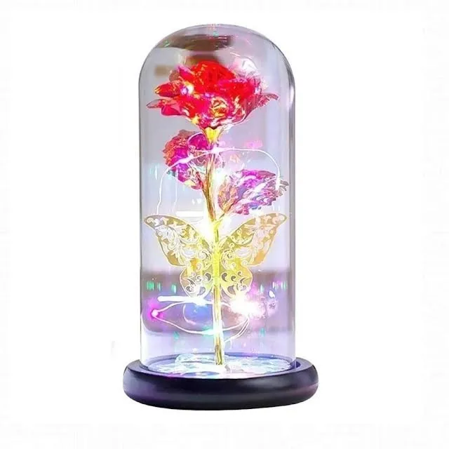 Genérico - Rosa Eterna Roja Cúpula Vidrio Mariposa Led