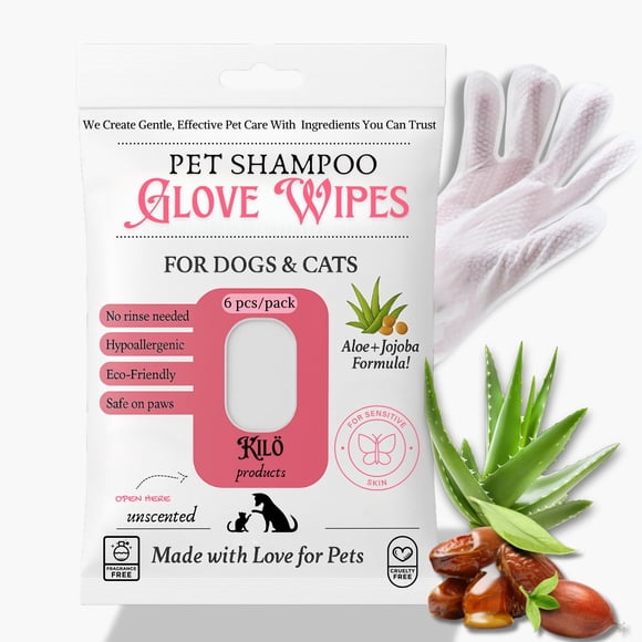 Toallitas en guante con shampoo para mascotas KILÖ Aloe y jojoba 6 unidades