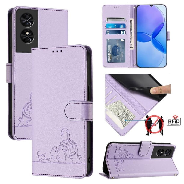 Funda tipo cartera FOXDOCK para TCL 50 SE con soporte, ranuras, RFID, diseño de gato