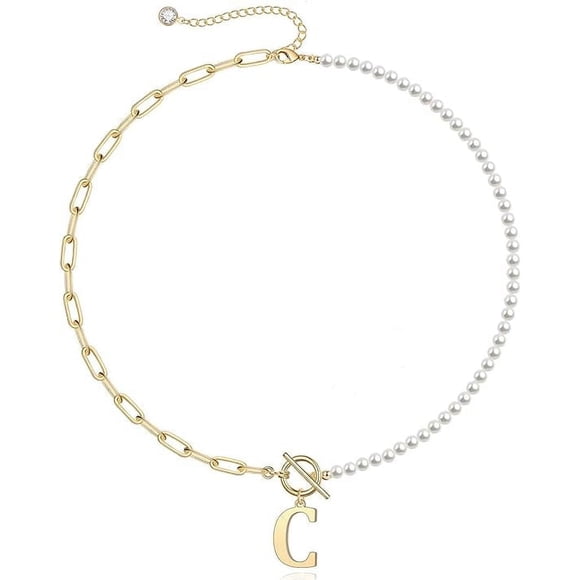 Collar HESHPAWS Gold Initial Pearl 14K Gold Plated Paperclip Link Chain A-Z