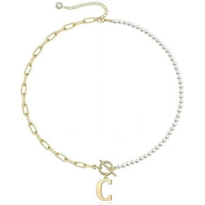 Collar Heshpaws Gold Initial Pearl 14K Gold Plated Paperclip Link Chain A-Z