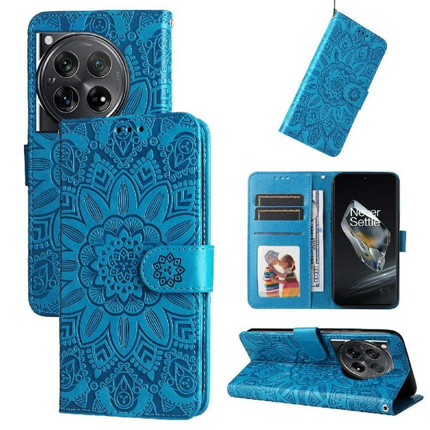 Funda tipo cartera FOXDOCK para OnePlus 12 , diseño girasol en relieve, cuero PU, cierre magnético, soporte y tarjetero