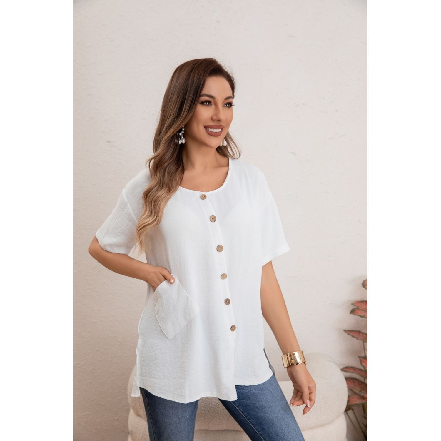 Likeshop - Blusa Mujer Manga Corta Algodón Botones Bolsillos 037